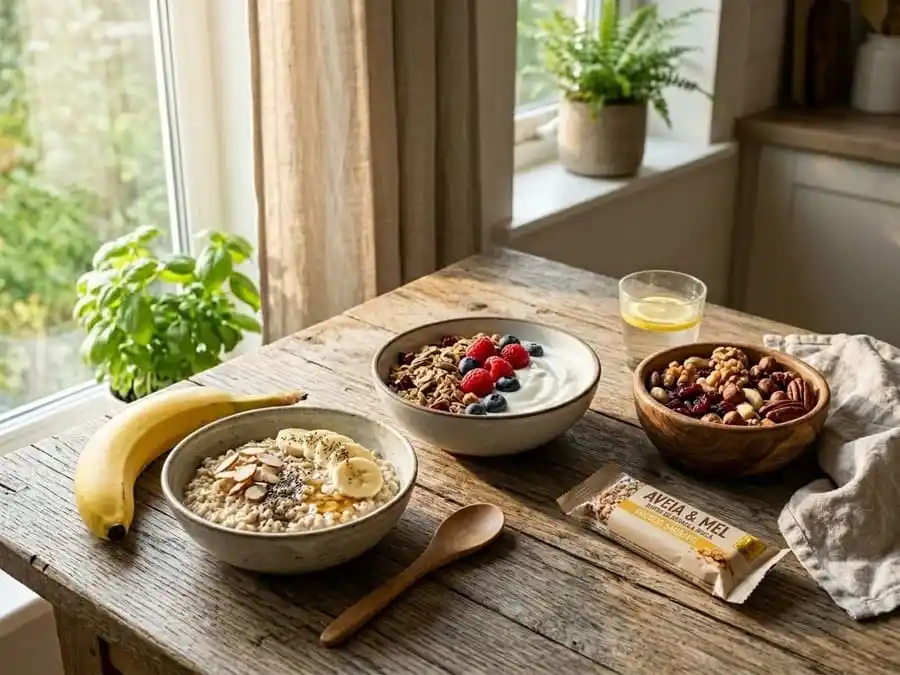 Mesa com frutas, aveia, castanhas e barrinha de cereal representando escolhas conscientes.