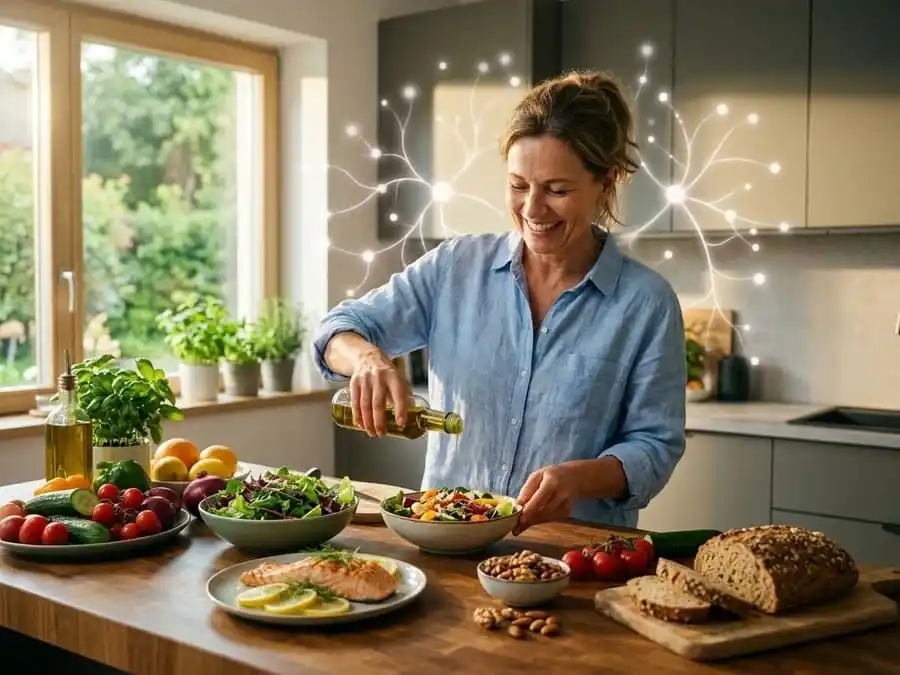 Dieta e Memória. Pessoa preparando refeição natural com frutas, vegetais e azeite em ambiente iluminado.