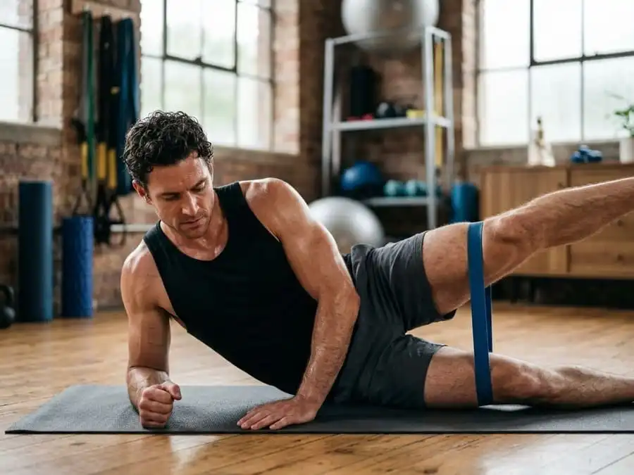 Homem deitado de lado em um estúdio de fisioterapia, concentrado enquanto faz uma elevação de perna para treinar o glúteo médio. Sua silhueta muscular está definida pela luz da janela.