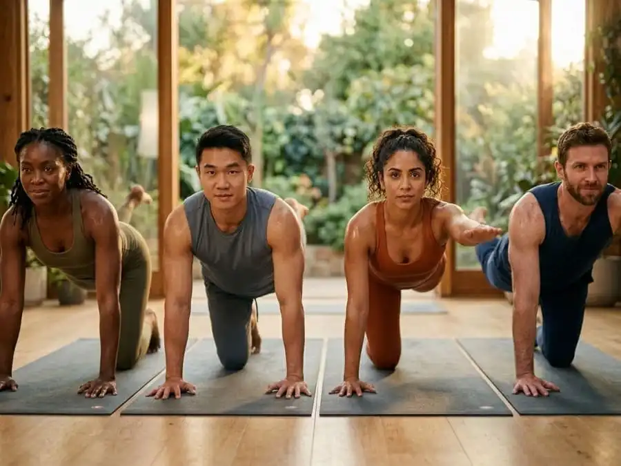 Quatro pessoas em um estúdio de Pilates ensolarado, executando o exercício bird-dog com as mãos e joelhos no chão, demonstrando estabilidade do core profundo e sorrindo calmamente.