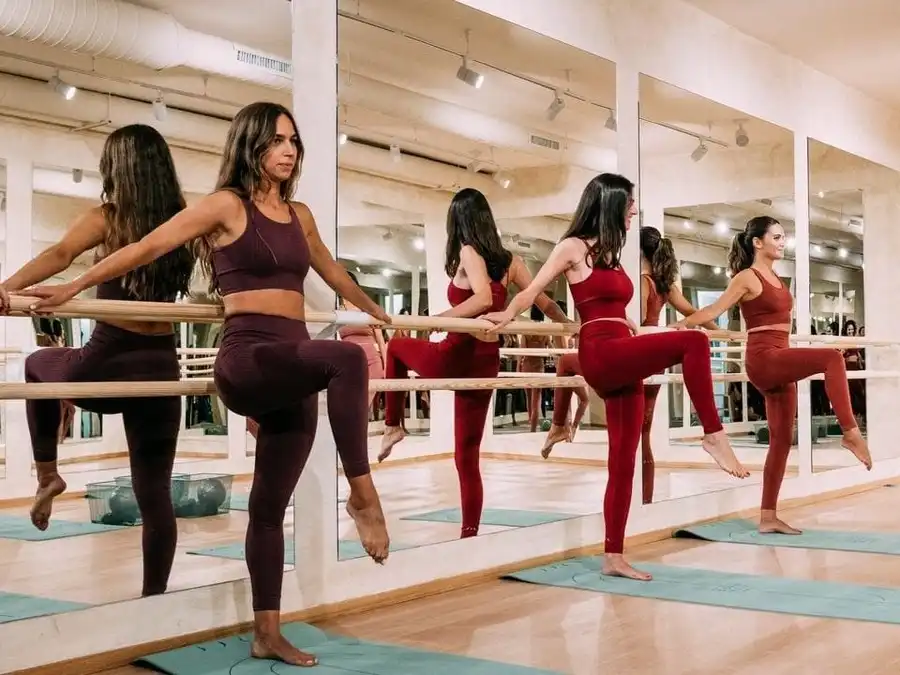 Pessoa realizando um plié no barre com postura alinhada e ativação muscular visível.