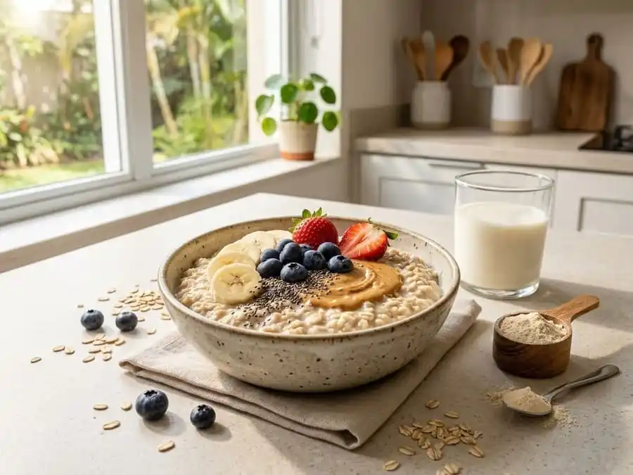 Tigela de aveia proteica cremosa com banana, morangos, mirtilos, chia e pasta de amendoim.