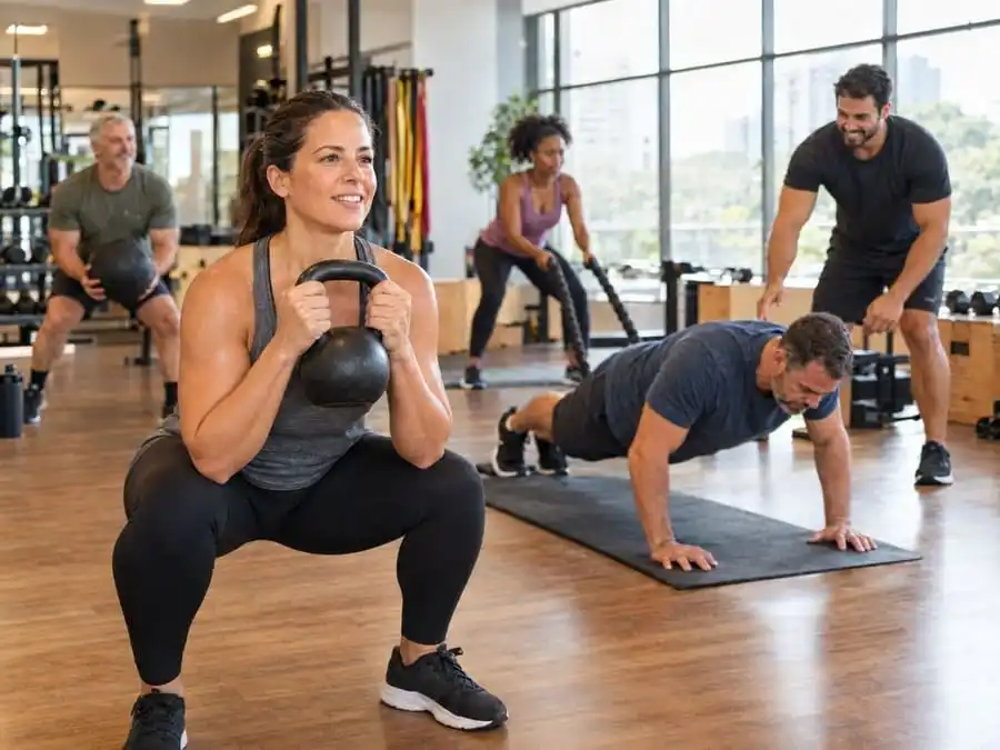 Pessoas de diferentes idades fazendo treino funcional em circuito em uma academia, com uma mulher agachando com kettlebell em primeiro plano