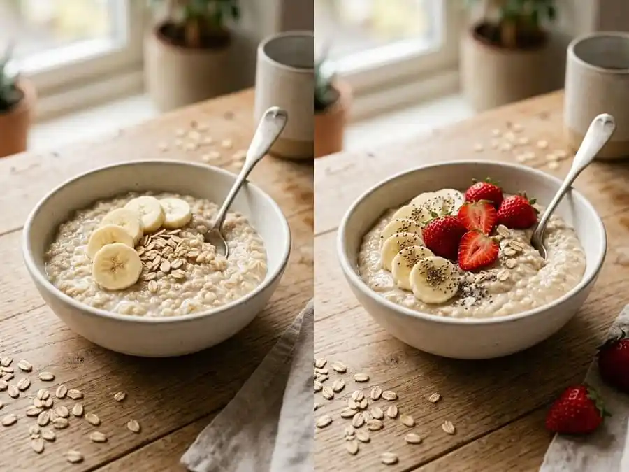 Duas tigelas de aveia lado a lado, uma com aveia tradicional e outra com aveia enriquecida com proteína e frutas.