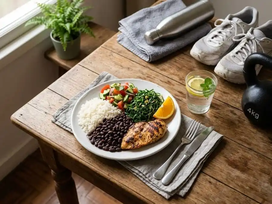 Prato de arroz, feijão, frango e salada ao lado de tênis, garrafa e kettlebell, representando alimentação equilibrada e treino funcional