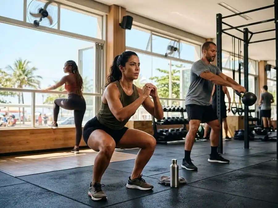 Aquecimento global e sedentarismo. Adultos fazendo treino funcional moderado em academia ventilada durante dia quente