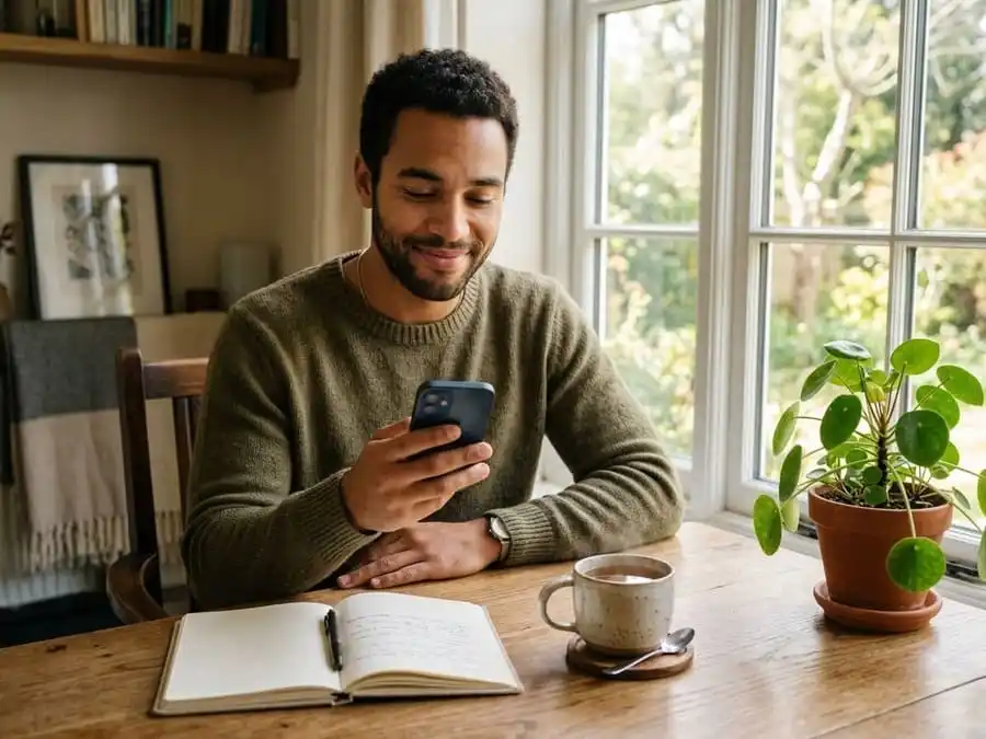 presença online autêntica . Fotografia realista de homem jovem sorrindo levemente enquanto usa o celular em mesa organizada, com xícara de chá e planta.
