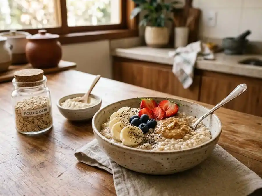 Tigela de aveia proteica caseira com banana, morangos, mirtilos, chia e pasta de amendoim.