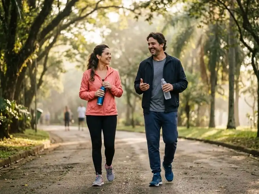 Casal sorrindo durante caminhada matinal em parque, representando constância e bem-estar após o treino funcional