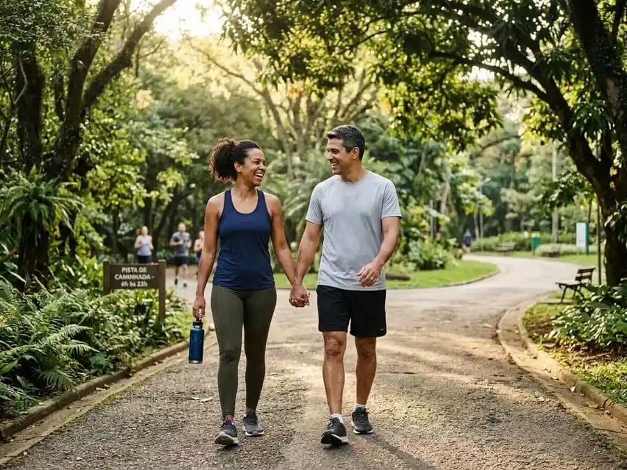 Casal adulto caminhando em parque arborizado durante manhã fresca