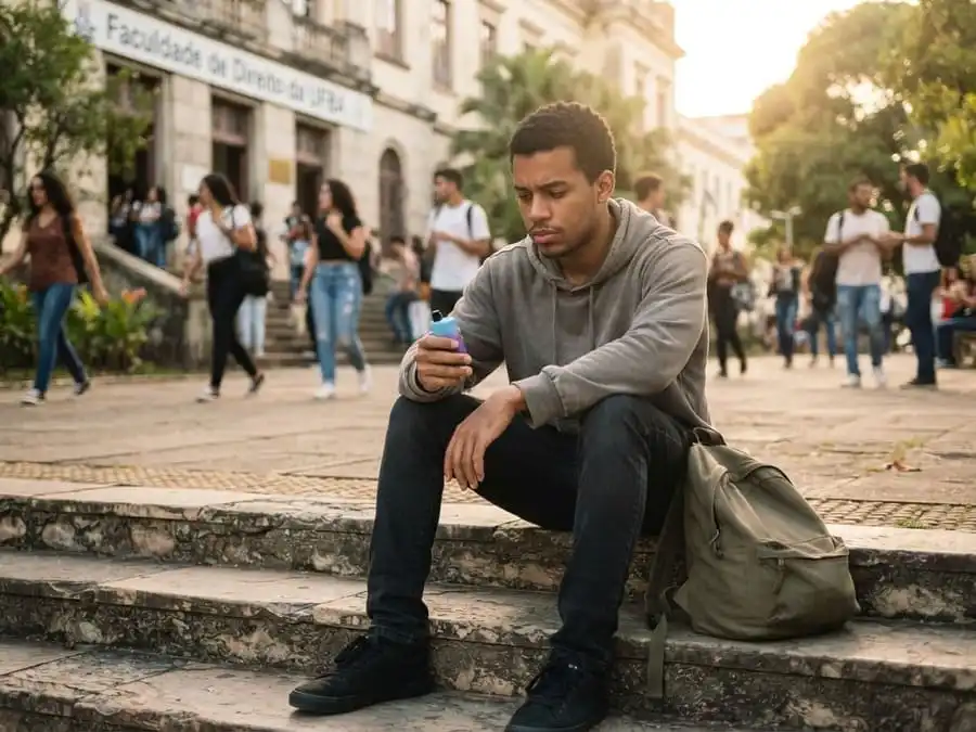 Jovem pensativo segura um vape descartável na escada de uma universidade, ilustrando os riscos dos vapes à saúde