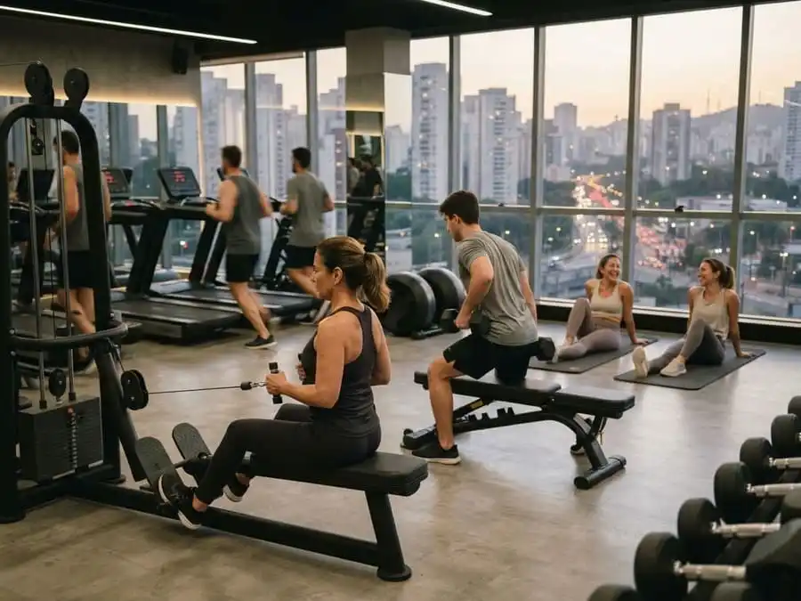 Pessoas de várias idades treinando em academia moderna ao fim da tarde, ilustrando o crescimento do setor fitness Brasil