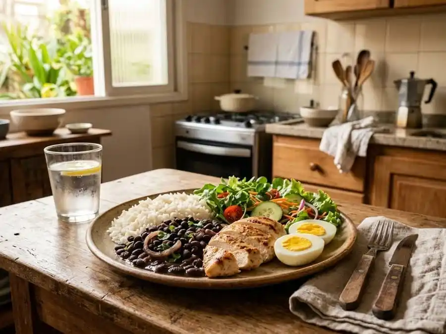 hara hachi bu na refeição brasileira equilibrada com arroz, feijão, ovos, frango e legumes em uma mesa doméstica.