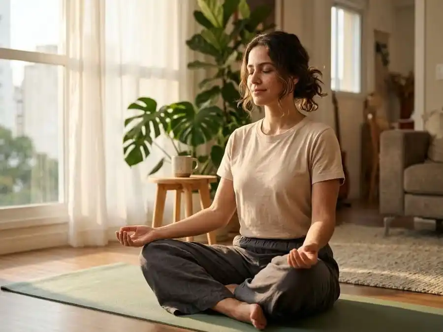 Mulher meditando sentada em tapete de yoga na sala de casa, prática de yoga para estresse