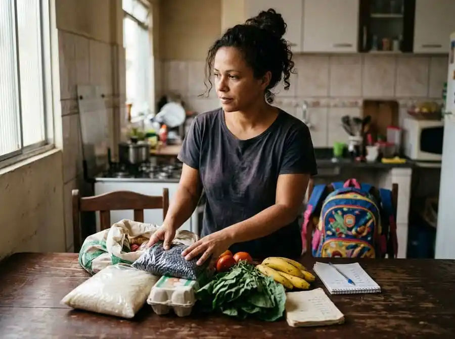 Mulher organiza alimentos básicos e uma lista de compras na mesa da cozinha, em um exemplo de planejamento contra a insegurança alimentar e a obesidade