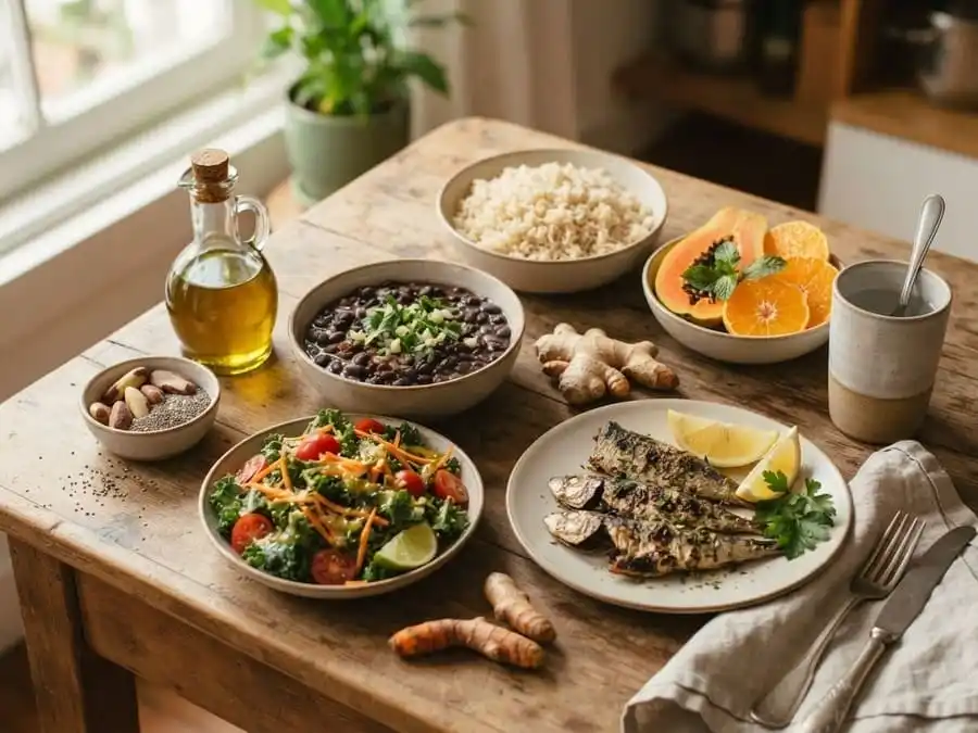 Mesa com feijão, arroz integral, sardinha, salada e frutas, exemplo de alimentação para uma dieta anti-inflamatória