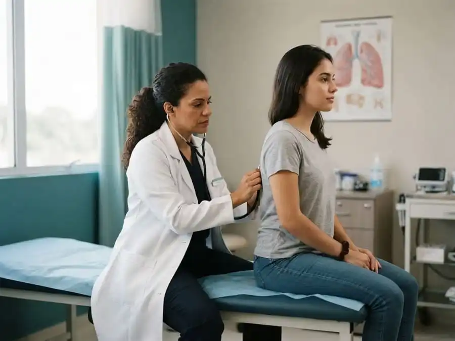 Médica ausculta os pulmões de um jovem em consulta, ilustrando a avaliação de problemas respiratórios relacionados ao uso de vapes