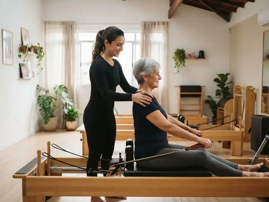 Instrutora ajustando a postura de aluna idosa em estúdio de pilates, exemplo do crescimento dos estúdios boutique no Brasil