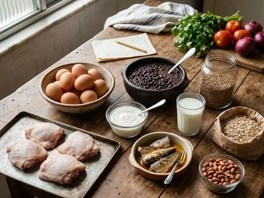 Ovos, feijão, lentilhas, iogurte, leite, sardinha, frango e aveia como fontes acessíveis de proteína.
