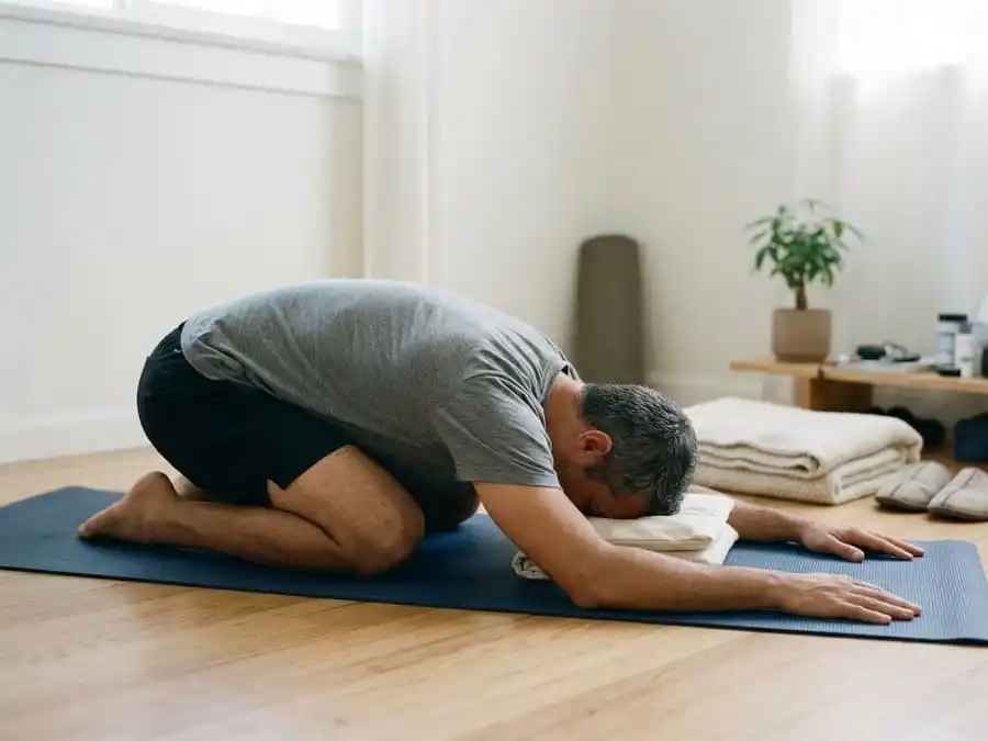 Homem fazendo a postura da criança no tapete de yoga em casa, com almofada sob a testa
