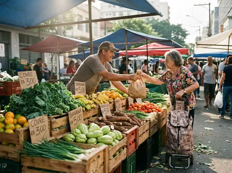 Feirante entrega sacola de frutas e verduras da estação a uma cliente em feira livre, alternativa para melhorar a alimentação com pouco dinheiro