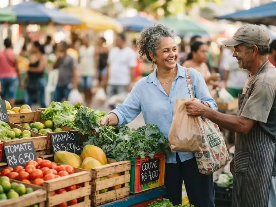 Mulher escolhe couve, tomates e mamão em uma feira livre, alimentos que fazem parte da dieta anti-inflamatória