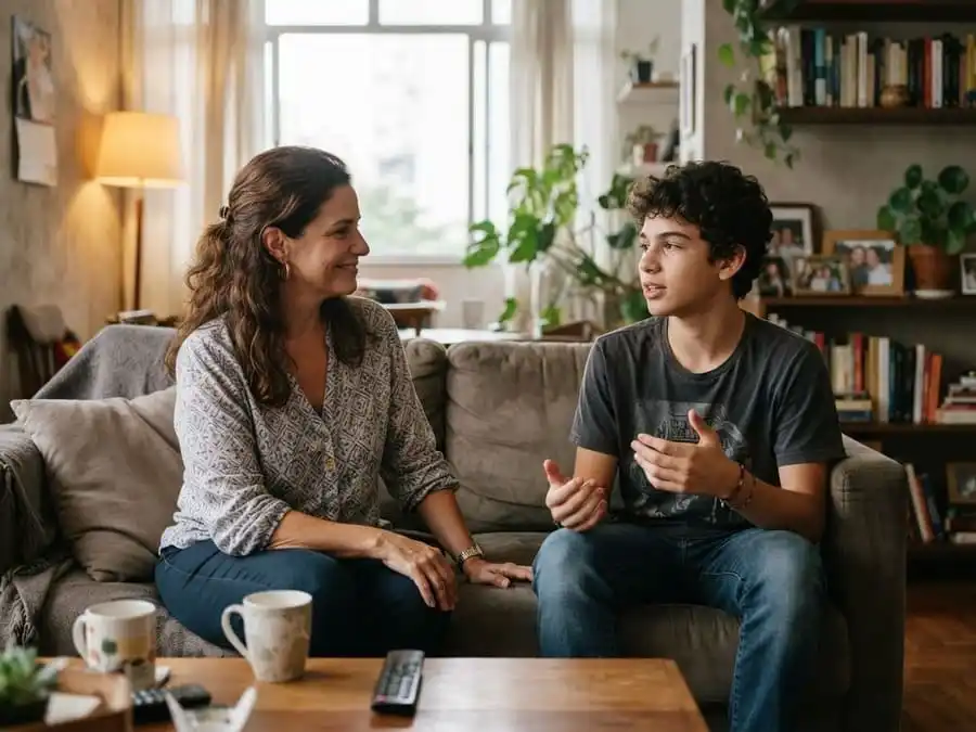 Mãe e filho adolescente conversam no sofá da sala, ilustrando o diálogo familiar sobre os riscos dos vapes e a prevenção entre jovens