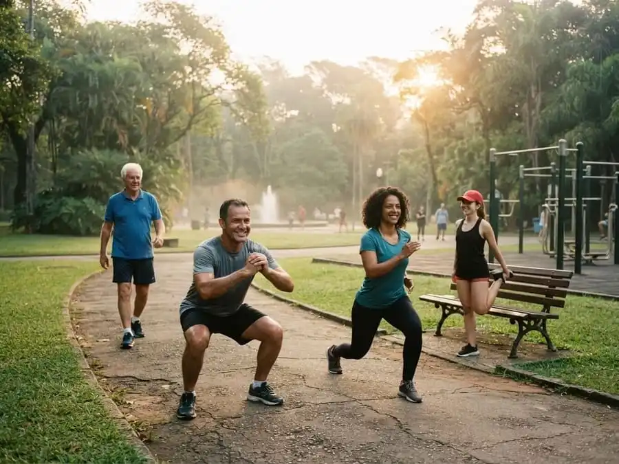 Grupo de adultos se exercitando em parque ao amanhecer, alternativa acessível ao crescimento do setor fitness Brasil