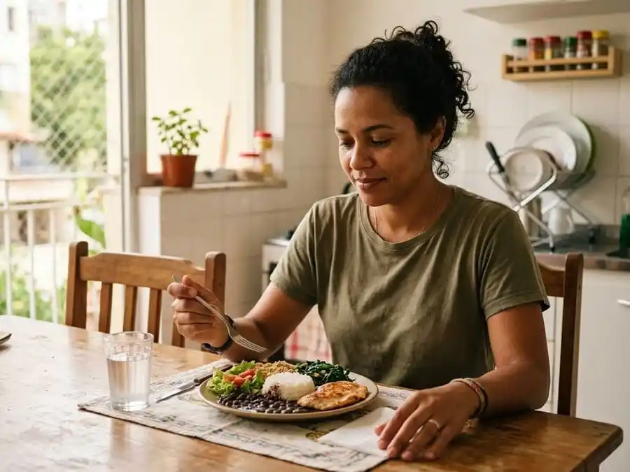 hara hachi bu. Pessoa comendo com atenção uma refeição caseira equilibrada em uma mesa.