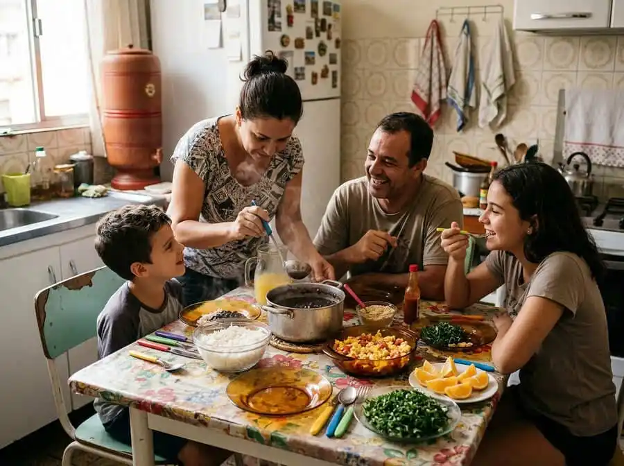 Família brasileira almoça junta com arroz, feijão, ovos e verduras, refeição simples e nutritiva que ajuda a enfrentar a insegurança alimentar