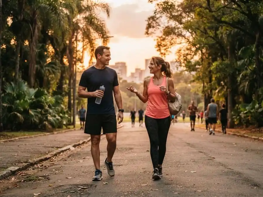 Casal caminha em um parque ao entardecer, ilustrando que hábitos saudáveis complementam a dieta anti-inflamatória