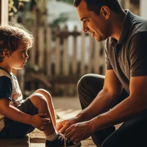 Homem maduro ajudando criança com atenção e carinho, luz natural suave de casa brasileira, simbolizando paternidade responsável e maturidade emocional
