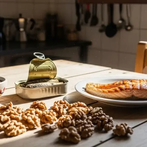 Mesa brasileira com salmão, sardinha, chia e nozes, luz natural da manhã, simbolizando fontes alimentares ricas em ômega-3 e consumo insuficiente comum.
