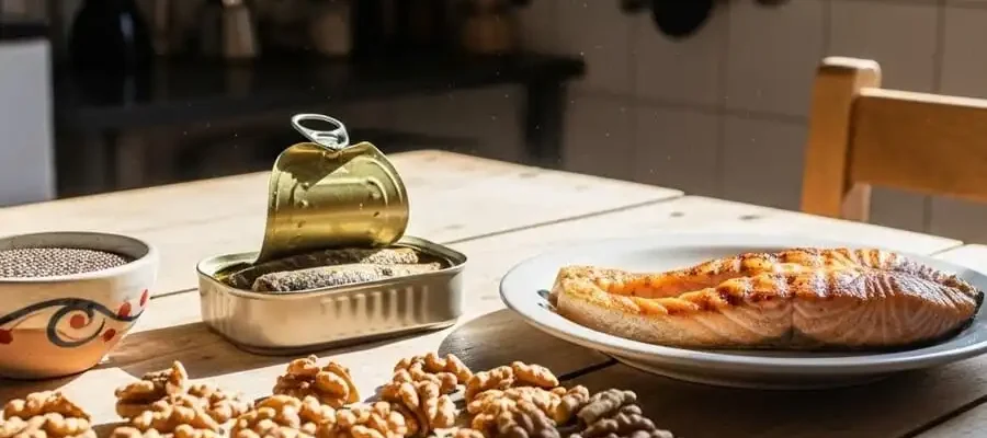 Mesa brasileira com salmão, sardinha, chia e nozes, luz natural da manhã, simbolizando fontes alimentares ricas em ômega-3 e consumo insuficiente comum.