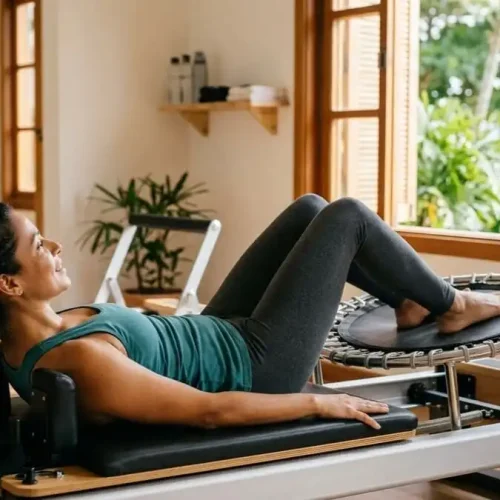 Pessoa praticando AeroPilates na plataforma de rebote, movimento fluido e expressão de leveza, luz natural suave de estúdio brasileiro, simbolizando sensação de voo e treino sem impacto.