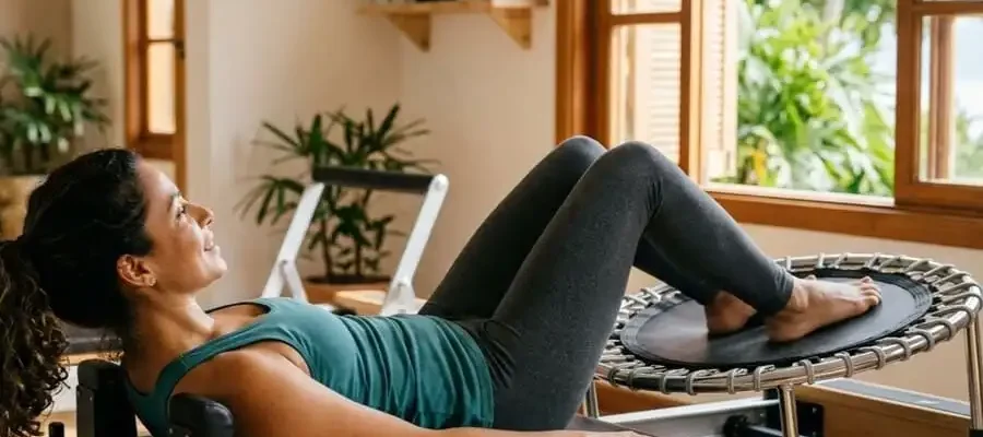 Pessoa praticando AeroPilates na plataforma de rebote, movimento fluido e expressão de leveza, luz natural suave de estúdio brasileiro, simbolizando sensação de voo e treino sem impacto.