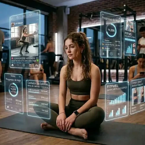 Jovem mulher da Geração Z em roupa de academia, sentada, com telas holográficas digitais sobrepostas mostrando conteúdo de fitness e wellness. Ao fundo, outras jovens se exercitam e usam celulares.