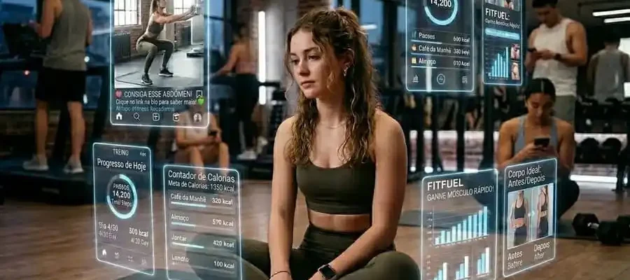 Jovem mulher da Geração Z em roupa de academia, sentada, com telas holográficas digitais sobrepostas mostrando conteúdo de fitness e wellness. Ao fundo, outras jovens se exercitam e usam celulares.