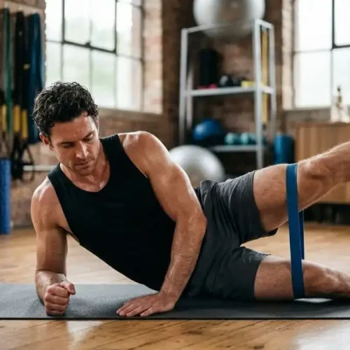 Homem deitado de lado em um estúdio de fisioterapia, concentrado enquanto faz uma elevação de perna para treinar o glúteo médio. Sua silhueta muscular está definida pela luz da janela.