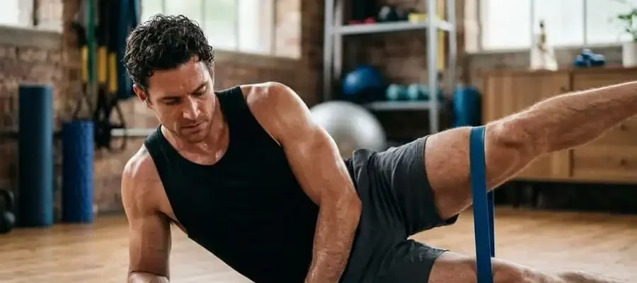 Homem deitado de lado em um estúdio de fisioterapia, concentrado enquanto faz uma elevação de perna para treinar o glúteo médio. Sua silhueta muscular está definida pela luz da janela.