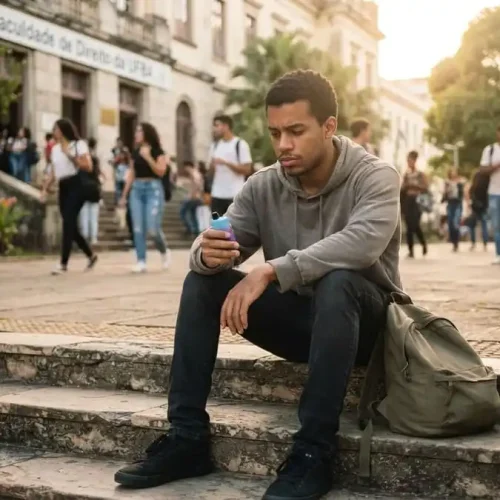 Jovem pensativo segura um vape descartável na escada de uma universidade, ilustrando os riscos dos vapes à saúde