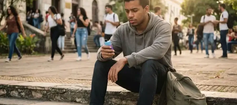 Jovem pensativo segura um vape descartável na escada de uma universidade, ilustrando os riscos dos vapes à saúde