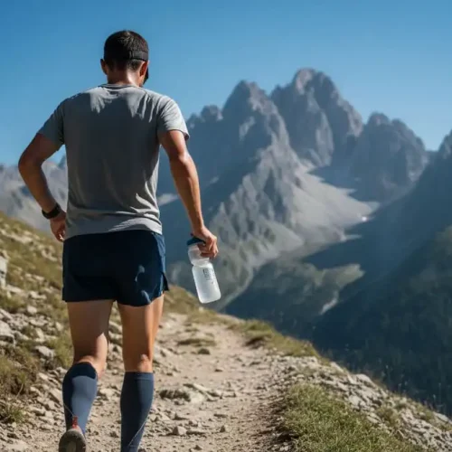 Fotografia realista de um ultramaratonista correndo em uma trilha montanhosa, segurando uma garrafa de água, com montanhas e céu azul ao fundo, sob iluminação clara.