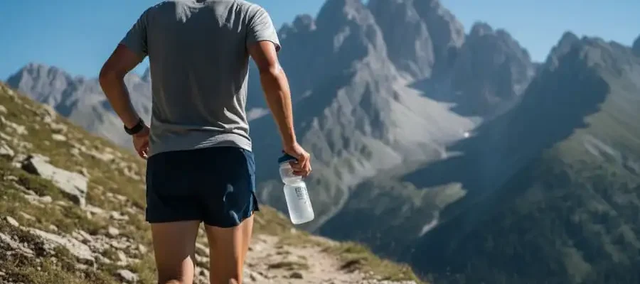 Fotografia realista de um ultramaratonista correndo em uma trilha montanhosa, segurando uma garrafa de água, com montanhas e céu azul ao fundo, sob iluminação clara.