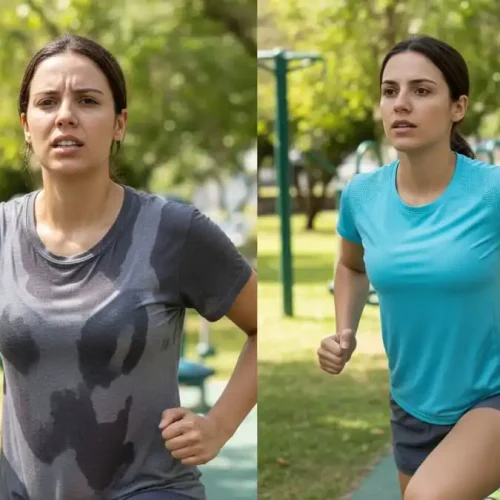 Comparação antes e depois: treino desconfortável com algodão encharcado vs confortável com tecido respirável, luz natural, simbolizando diferença no desempenho físico.