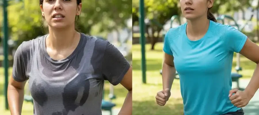 Comparação antes e depois: treino desconfortável com algodão encharcado vs confortável com tecido respirável, luz natural, simbolizando diferença no desempenho físico.