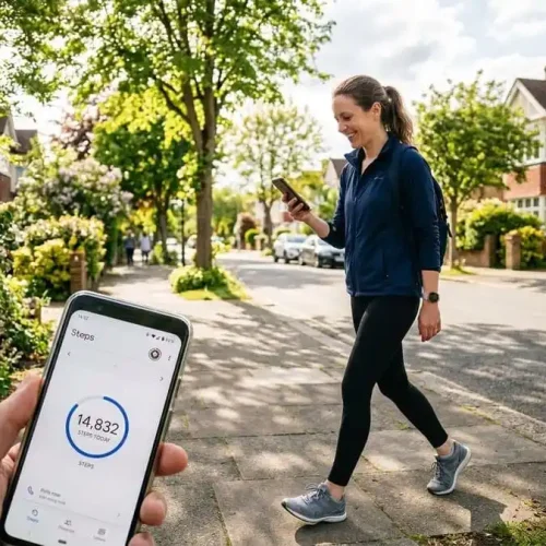 Pessoa caminhando em rua ou parque brasileiro com celular mostrando contagem de passos, luz natural, simbolizando a quantidade ideal de passos diários para manutenção do peso e prevenção de reganho.