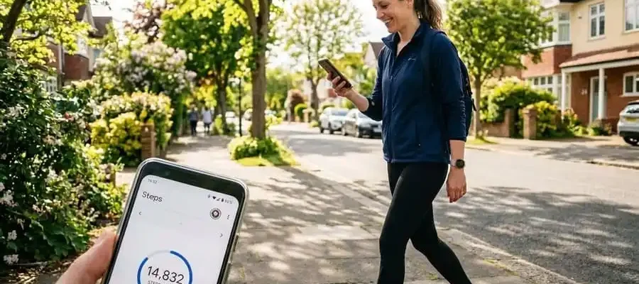 Pessoa caminhando em rua ou parque brasileiro com celular mostrando contagem de passos, luz natural, simbolizando a quantidade ideal de passos diários para manutenção do peso e prevenção de reganho.