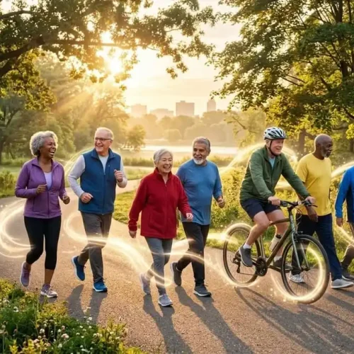 Grupo de idosos sorridentes e ativos, caminhando, correndo e pedalando em um parque iluminado pelo sol, com trilhas de luz mágica seguindo seus movimentos.