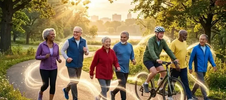 Grupo de idosos sorridentes e ativos, caminhando, correndo e pedalando em um parque iluminado pelo sol, com trilhas de luz mágica seguindo seus movimentos.